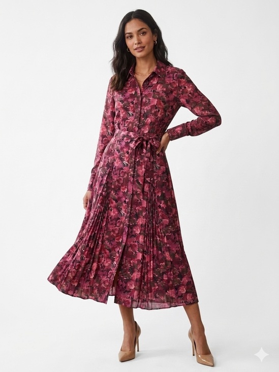 10 Crosby Derek Lam Dresses & Skirts - 10 Crosby Derek Lam Maroon and Pink Floral Long-Sleeve Pleated Dress Size 4